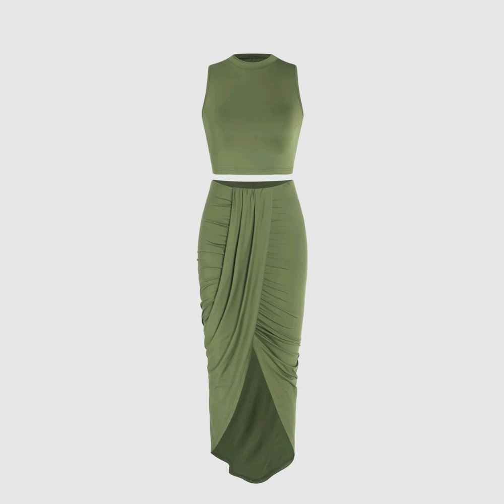 Cider Olive Green Crop Top and Skirt Ensemble